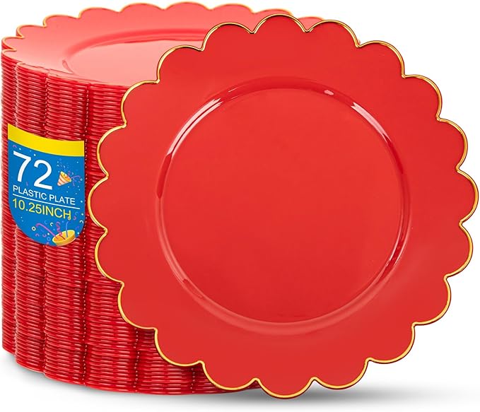 SUT 72 Pcs Red Plates Disposable, Red Plastic Plates With Gold Trim, 10.25 Inch Red Dinner Plates, Fancy Plastic Plates, Plates Disposable Heavy Duty for Wedding, Parties, Banquets