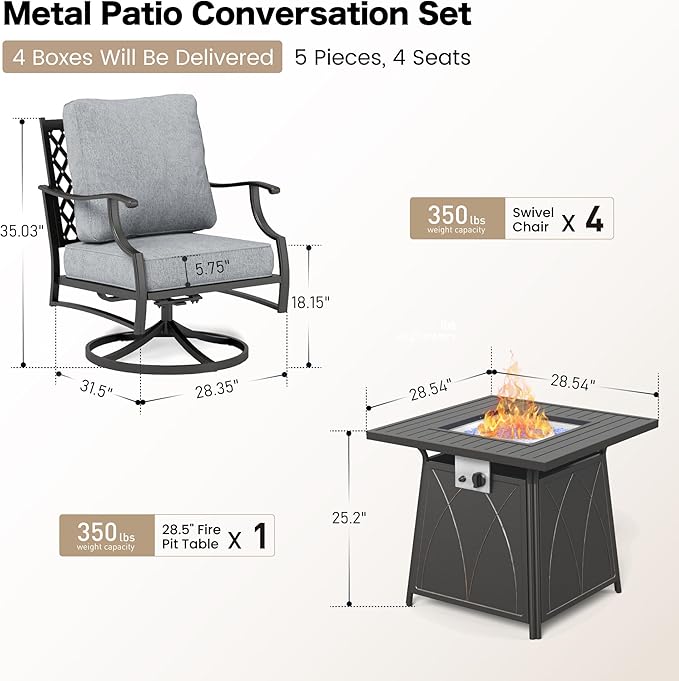 5 Piece Metal Outdoor Patio Furniture Set with Fire Pit Table, Patio Conversation Sets 4 Swivel Chairs with 5.75" Thick Cushion and 5000 BTU Fire Pit Table, Backyard Furniture, Gray