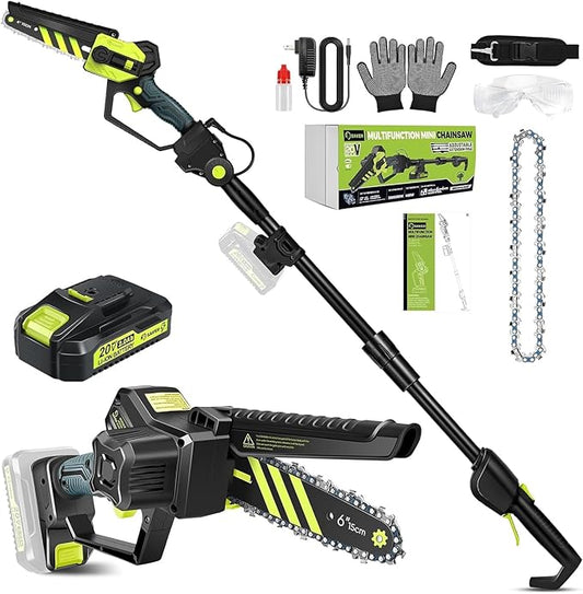 Saker Cordless Pole Saw and Mini Chainsaw,2-IN-1 Pole Chainsaws,Brushless Electric Pole Saws Battery Powered 6 Inch Chain Saw, 78.74 Inch Max Reach Tree Trimmer Pole Saw(1 Battery)