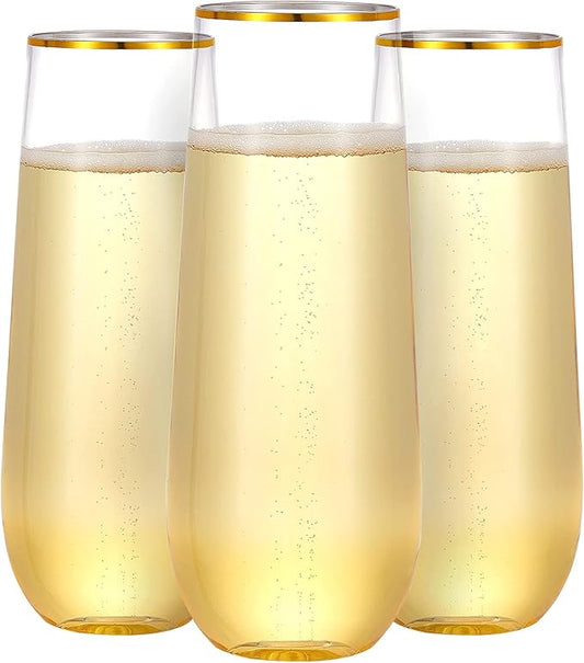N9R 36PCS Plastic Champagne Flutes, 9 Oz Stemless Disposable Gold Rim Toasting Glasses, Crystal Clear Cocktail Cups Drinkware Shatterproof Ideal for Party Wedding Birthday