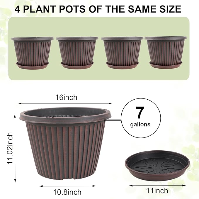 Large-Planter-Indoor-Outdoor Plant Pots, 16 inch 4 Pack Plastic Flower Pots with Saucer and Drainage Holes, Modern Garden Planters for Planting Medium Large Plants， Decorative Resin Garden Pots