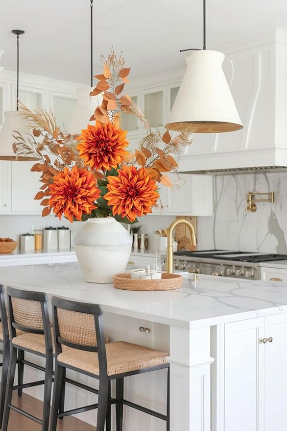 3Pcs Orange Artificial Dahlia Flowers Fall Fake Flower Silk Flowers with Long Stem 27.5" Floral Arrangements Bouquets Autumn Faux Dahlias Flowers for DIY Wedding Party Centerpieces Home Decor