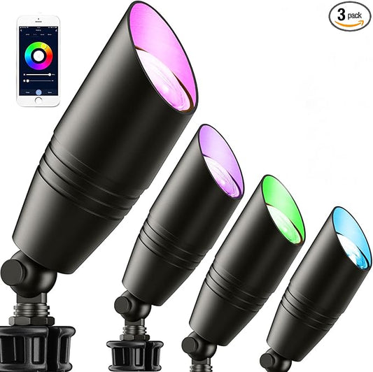 Smart RGB Low Voltage Landscape Lighting, 12V Color Changing Outdoor Spot Lights, Waterproof IP65 LED Garden Lights with App Control, Warm White to Multicolor, Uplight for Driveway (4Pack)