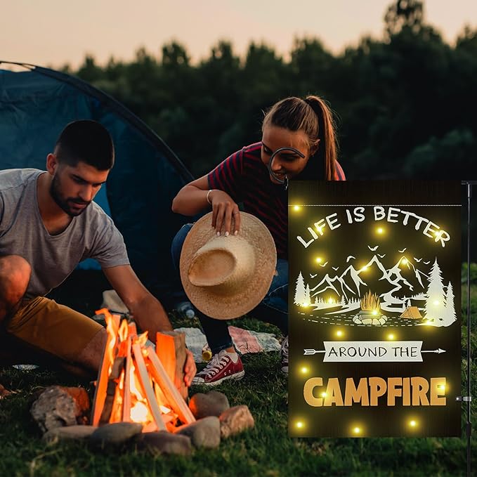 Camping Garden Flag with Led Lights, 12 x 18 Inch Double Sided Vertical Burlap Camping Fire Pit Lighted Garden Flags for RV Campsite Campfire Camper Yard Outdoor Decoration