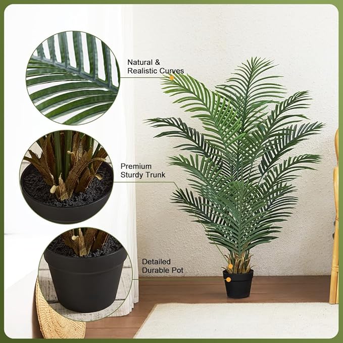 Artificial Palm Tree, 4FT Tall Fake Palm Trees with UV Resistant Leaves, Potted Faux Areca Palm Plant for Indoor Outdoor, Large Floor Plants for Home Living Room Porch Decor, 2Pcs - VN125