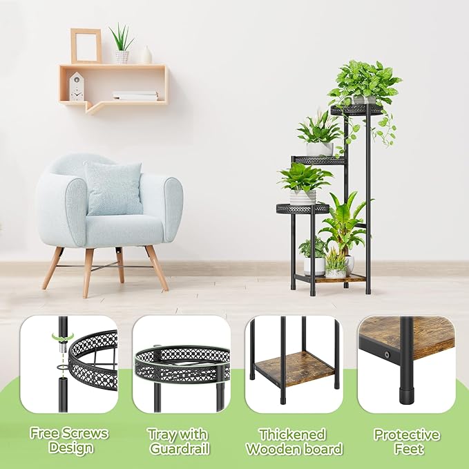 Plant Stand Indoor Outdoor, 4 Tier Metal Flower Pot Shelf Holder Clearance, Tall Corner Rack for Multiple Plants, Modern Organizer Display for Patio Orchid Office Porch Living Room Garden, Black