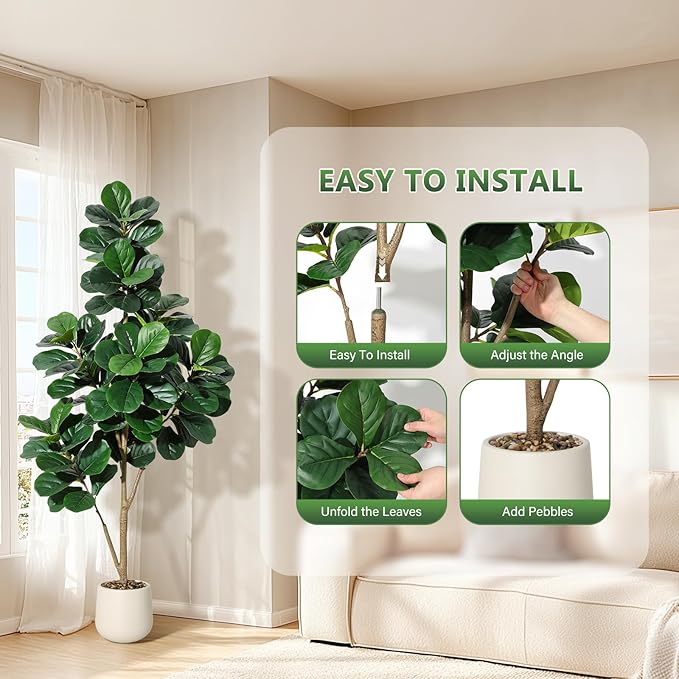 6FT Fiddle Leaf Fig Tree Artificial with 108 Leaves - Realistic Faux Ficus Lyrata Trees in 9" White Planter Pot, Indoor Fake Floor Plants for Home Office Living Room Decor, Housewarming Gift