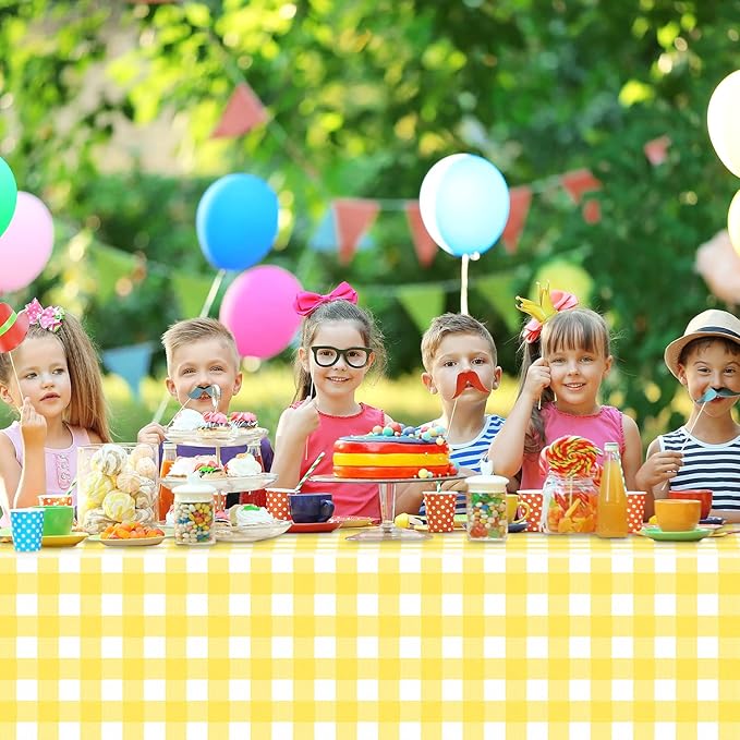 6 Pack Yellow and White Checkered Tablecloth, Yellow Plastic Table Cloths for Parties Disposable, 54 x 108 inch Waterproof Yellow Gingham Camping Tablecloth for Birthday, Party, Picnic, School