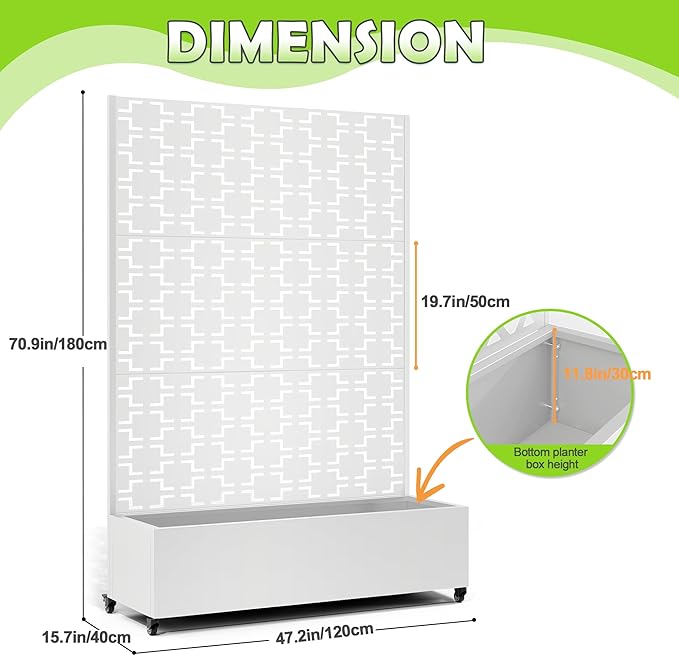 15.7"×70.9"×47.2" Metal Raised Garden Bed with Trellis and Wheels - Tall Trellis Planter Box for Climbing Plants, Vegetables & Vines - Outdoor Privacy Planters for Patio (White-Square)