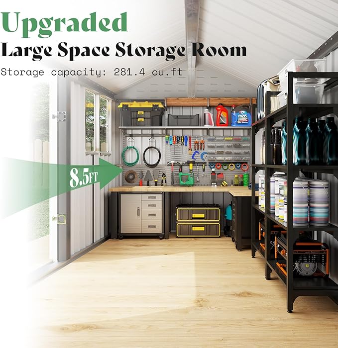 VanAcc 8.6x6x8 FT Outdoor Storage Shed with Lockable Hinged Double Doors and Upgraded Vents, Metal Shed for Backyard, Garden, Patio, Dark Black/White