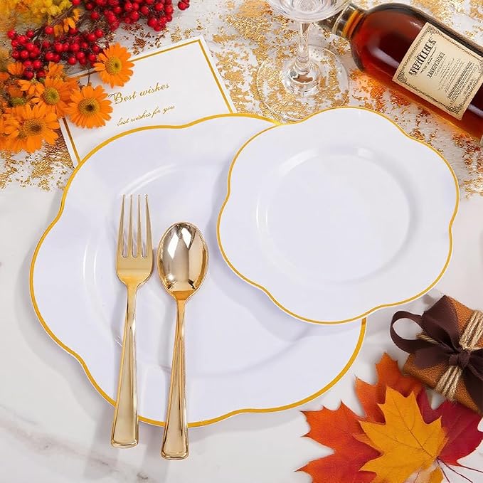 Liacere 50PCS White Plastic Plates - Heavy Duty Disposable - White and Gold Plastic Plates Include 25PCS 7inch and 10inch plates for Party & Baby Shower Gifts & Fall Decor & Thanksgiving