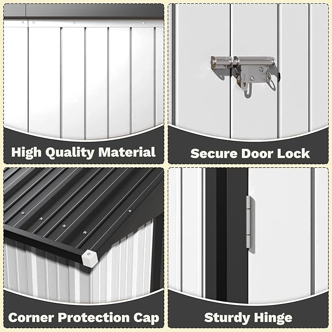 Greesum 8×6FT Outdoor Storage Shed, Metal Patio Storaged Sheds with Lockable Doors, Sheds & Outdoor Storage for Bike, Backyard, Pool and Garden, White