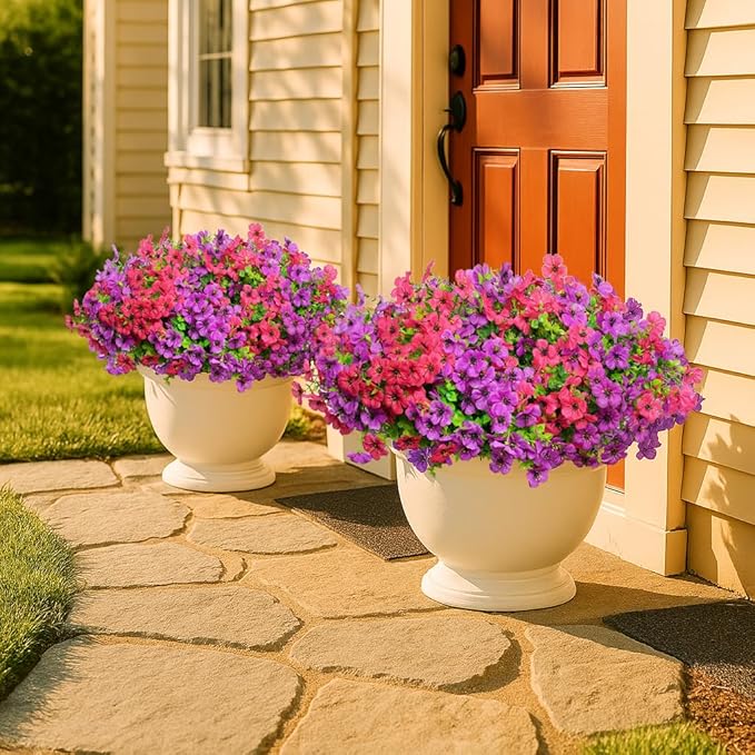 Artificial Flowers for Outdoors, 12 Bundles Outdoor Faux Plants,Uv Resistant Artificial Fake Flowers Plants, Realistic Spring Decor for Porch, Patio, Yard (LightRedPurple)