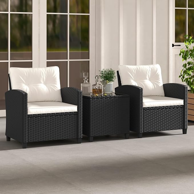 HAPPYGRILL 3 Pieces Wicker Patio Conversation Set, PE Rattan Bistro Sofa Set with Tempered Glass Coffee Table, Washable Cushions, Outdoor Furniture Set for Garden Poolside Balcony (Off White)