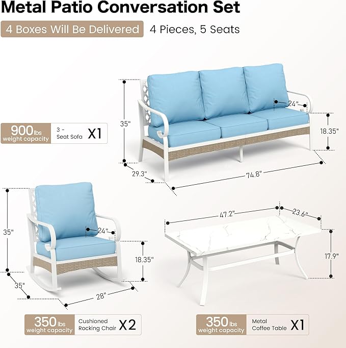 4 PCS Metal Outdoor Patio Furniture Set, Patio Conversation Sets 1 3-seater Sofa, 2 Rocking Chairs with 5.75" Extra Thick Cushion and Coffee Table, White Frame Backyard Furniture, Blue