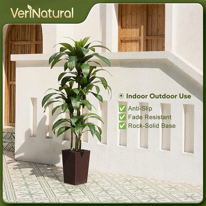 6FT Artificial Dracaena Tree - UV Resistant Faux Tropical Plant, Potted Fake Tree with Taper Planter & Pebbles - Indoor Outdoor Greenery for Home, Porch, Living Room, Bedroom Decor, VN127