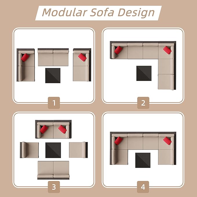 Shintenchi 7 Pieces Patio Furniture Sets Outdoor All-Weather Sectional Patio Sofa Set PE Rattan Manual Weaving Wicker Patio Conversation Set with Glass Table&Ottoman Cushion and Red Pillows, Beige