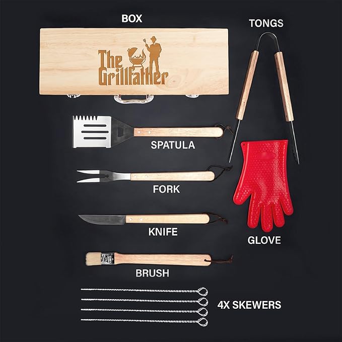 11-Piece BBQ Grilling Set with Engraved Maple Wood Box Gift for Dad Men Stainless Steel Tools with Wooden Handles The Grillfather - Christmas