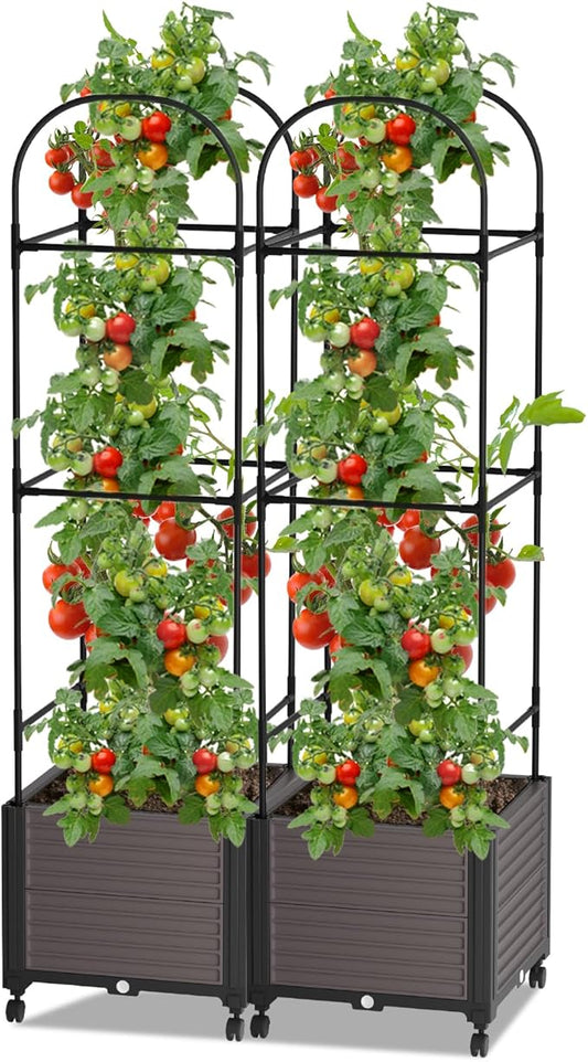Raised Garden Bed Planter Box with Trellis, 61'' Tomato Planters for Climbing Plants Vegetable Vine Flowers Outdoor Patio Tomato Cage, Self Watering Planter with Wheels