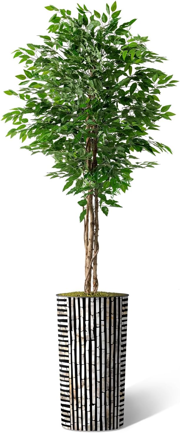 Artificial Tree in Black and Brown Striped Planter, Fake Ficus Silk Tree for Indoor and Outdoor Home Decoration - 75" Overall Tall (Plant Pot Plus Tree)