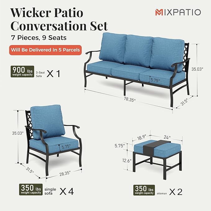 Patio Furniture Set 7 pcs, Outdoor Patio Furniture, 3-Seat Sofa, 4 Single Chairs, 2 Ottomans and 5.75" Extra Thick Cushion, Conversation Set for Backyard Deck,Navy Blue