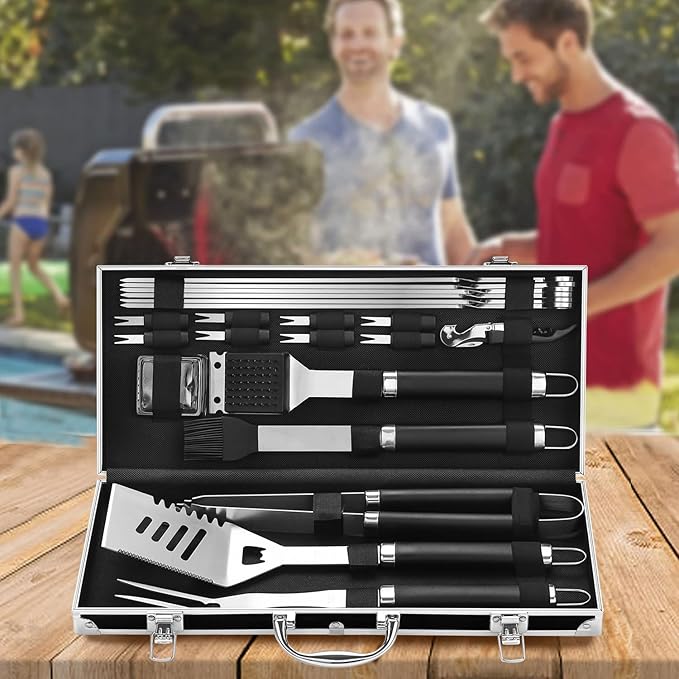 Grilljoy BBQ Accessories Grill Tools Set - 22PCS Stainless Steel Barbecue Grill Accessories for Outdoor Grill with Black Aluminum Case - Grilling Gifts for Men Dad -Grill Tools Kit