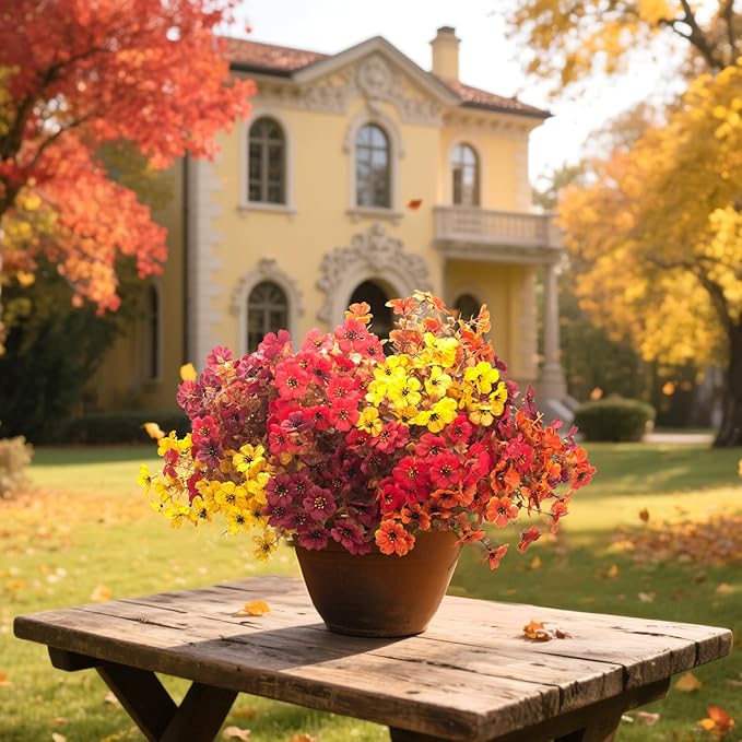 20 Bundles UV Resistant Artificial Fall Flowers for Outdoor - No Maintenance Thanksgiving Decor with Orange Blooms, Faux Silk & Plastic Plants for Porch, Yard (Fall Coffee Mix)