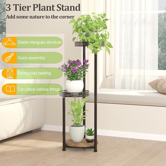 Plant Stand Indoor Outdoor,3 Tier Metal Wood Plant Stand for Multiple Plants,Black Tall Narrow Plants Display Organizer for Corner Living Room Porch Patio Garden Office