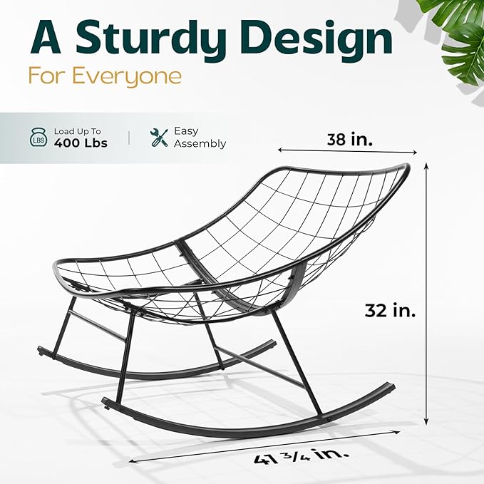 Bme Patio Rocking Chair Outdoor & Indoor, Metal Patio Lounge Rocking Chair with Thick Cushion, Comfy Modern Rocker Chair for Living Room, Porch, Backyard, Beige Cushion - Black Matte Rocker