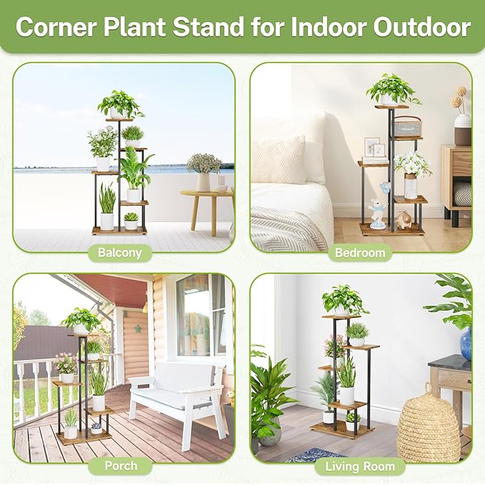 iDavosic.ly 5 Tier Plant Stand Indoor, Tiered Corner Flower Holder Shelf Outdoor, Metal Wood Tall Orchid Pot Display Rack for Patio Porch Garden Balcony Office, Modern Black & Rustic Brown
