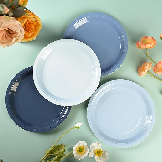 Dusty Blue Paper Plates Gradient Blue Party Plates 7”Disposable Round Dessert Plates for Birthday Wedding Bridal Engagement Baby Shower Party Supplies 4 Colors (48)