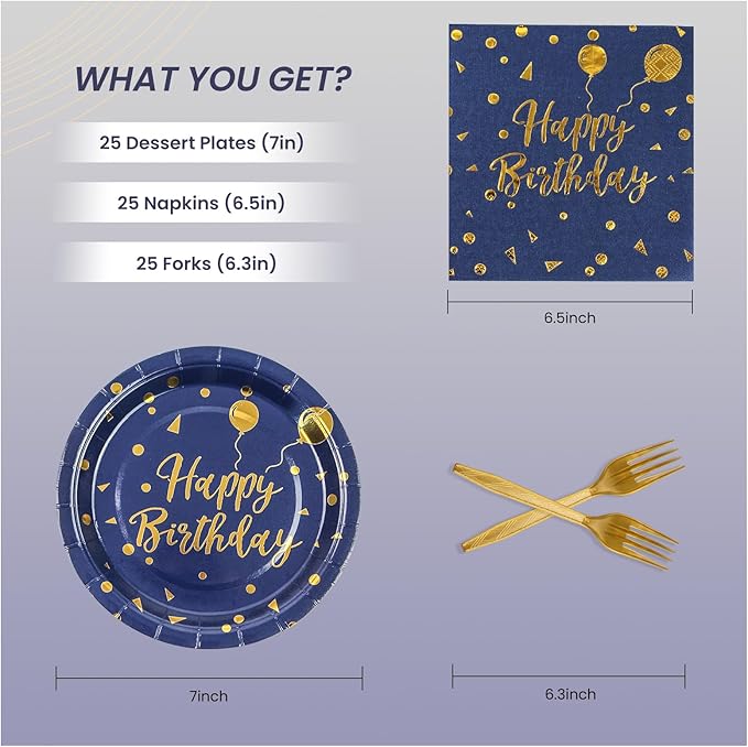 75PCS Happy Birthday Paper Plates - 7 Inch Dark Blue Gold Dot Paper Plates and 6.5 Inch Napkins with 6.3 Inch Forks Disposable Tableware Set for Birthday Party Decorations, Serves 25