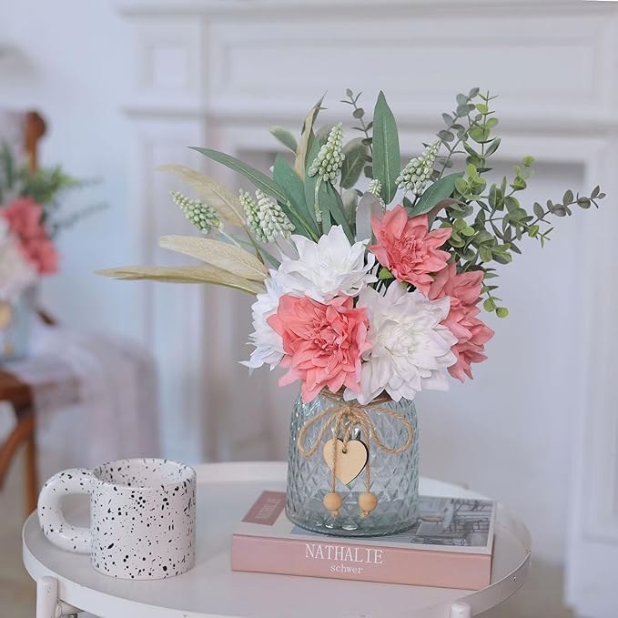 Faux Flowers with Vase,Artificial Silk Flowers in Vase, Fake Plant Eucalyptus and Willow,Flower Arrangement for Home Farmhouse Dining Table Centerpiece Decorations Coffee Table Decor (Dusty Pink)