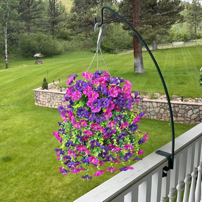 4PCS Artificial Hanging Flowers for Outdoor Decor UV Resistant Fake Morning Glory Realistic Silk Spring Summer Hanging Plants for Porch Patio Balcony Yard (Double Purple)