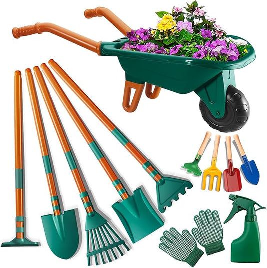 Kids Gardening Set-12 PCS Kids Gardening Tools Wheelbarrow Set with Shovel, Leaf Rake, Gloves, Spray Bottle-Toddler Gardening Set Play Outdoor Educational STEM Learning for Boys Girls Age 3 4 5 6 7 8+