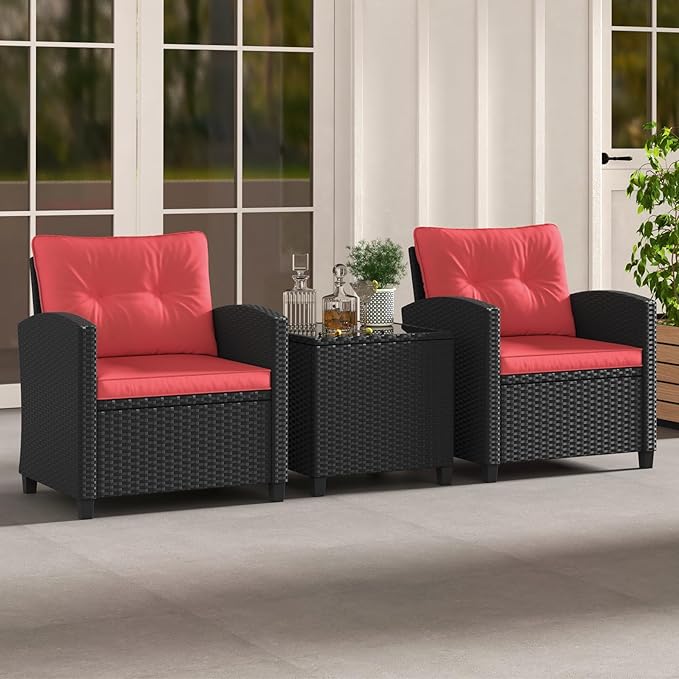 HAPPYGRILL 3 Pieces Wicker Patio Conversation Set, PE Rattan Bistro Sofa Set with Tempered Glass Coffee Table, Washable Cushions, Outdoor Furniture Set for Garden Poolside Balcony (Red)