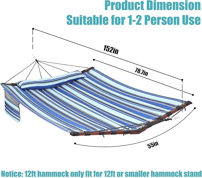 TegerDeger 12FT 2 Person Hammock Large Hammock 450LB Capacity with V Shaped Hardwood Spreader Bar & Nylon Rope for Outside, Patio, Garden, Backyard, Beach, Poolside - Blue Stripes