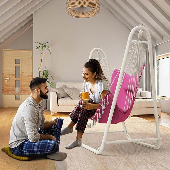 Hammock Chair with Stand,Heavy-Duty Hanging Chair with Stand, for Indoor Outdoor,Sturdy Swing Chair Stand Max Load 350 pounds(Hammock Chair Included) (Pale Pink)