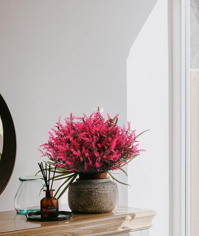 Spring Decoration, Artificial Greenery,Artificial Lavender Flowers Outdoors Fake Shrubs Greenery Plants Indoor UV Resistant Plastic Faux Bouquets for Outdoor Home Garden Porch Decoration(Pink)