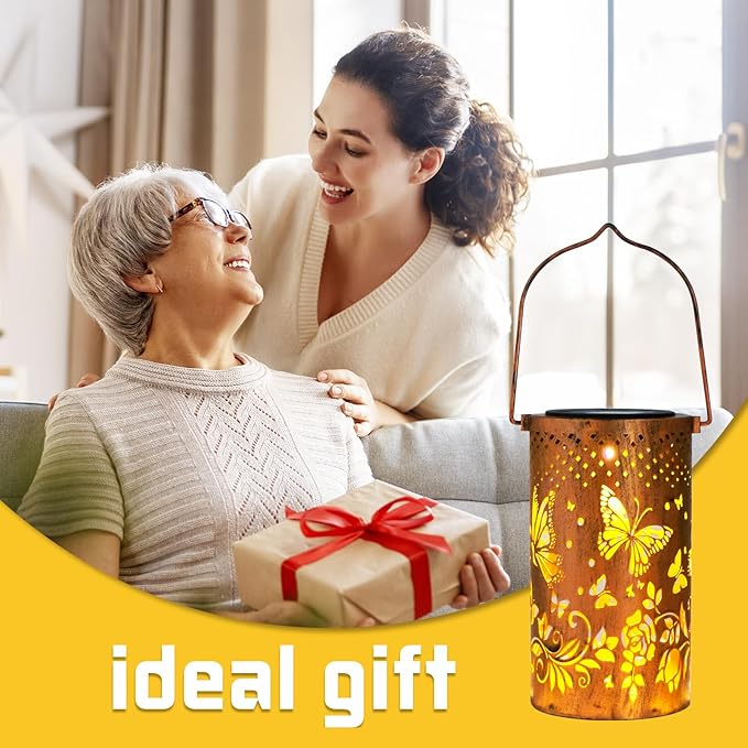 4 Pack Butterfly Birthday Gifts for Women Mom Grandma Solar Lanterns Outdoor Waterproof Garden Decor Metal Hanging LED Decorative Light for Patio Yard Lawn Backyard Front Porch Gardening Gifts