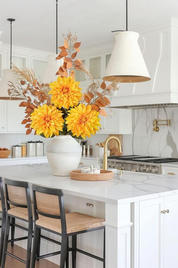 3Pcs Yellow Artificial Dahlia Flowers Fall Fake Flower Silk Flowers with Long Stem 27.5" Floral Arrangements Bouquets Autumn Faux Dahlias Flowers for DIY Wedding Party Centerpieces Home Decor