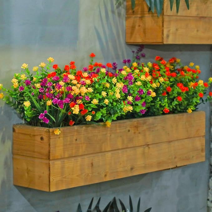 WILLBOND 48 Bundles Artificial Flowers Outdoor,UV Resistant Faux Plastic Plants Greenery Shrubs Flower Bulk for Hanging Planter Porch Window Home Wedding Spring Summer Decor (Bright Color)