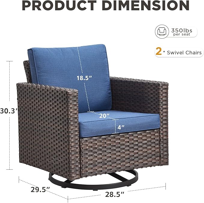 Wicker Swivel Rocker Patio Chairs-High Back Outdoor Swivel Chairs Set of 2 with Thickened Cushions Wide Armrest All Weather Patio Furniture Set for Deck Porch Balcony(Brown/Blue)