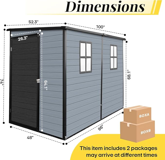 8x4ft Lean to Shed, Resin Outdoor Storage Shed with Floor and 2 Windows, Plastic Sheds & Outdoor Storage Clearance for Patio Furniture, Garden Tools Bike Accessories, Beach Chairs, Black+Grey