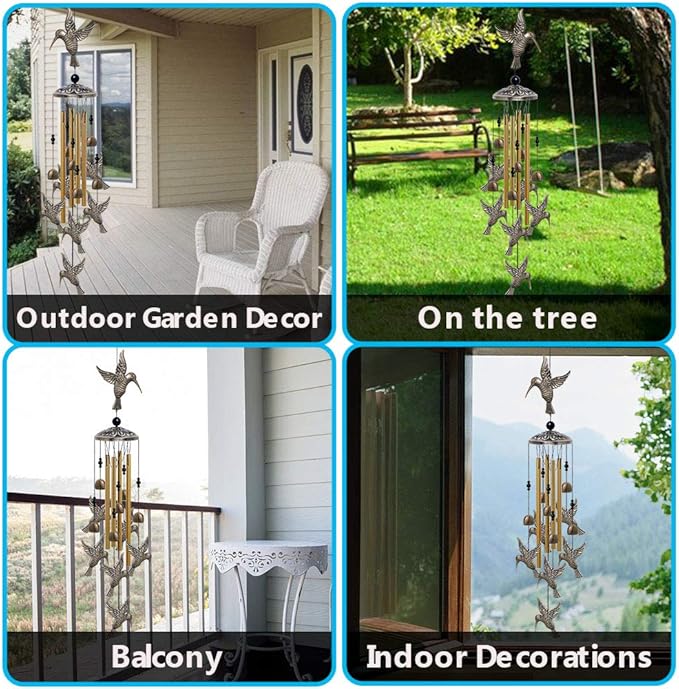 Large Hummingbird Wind Chimes Outdoor Indoor Decor -With 4 Tubes 6 Bells 7 Hummingbirds, Mobile Wind Catcher, Hummingbird Wind Bell for Home, Xmas Mom Gifts, Festival, Balcony, Tree, Garden Decoration