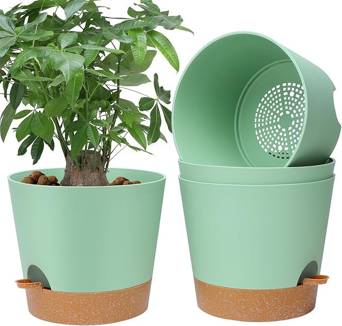 12 Inches Indoor Self Watering Planters with Drainage Holes and Saucers, 4 Pack (Green)