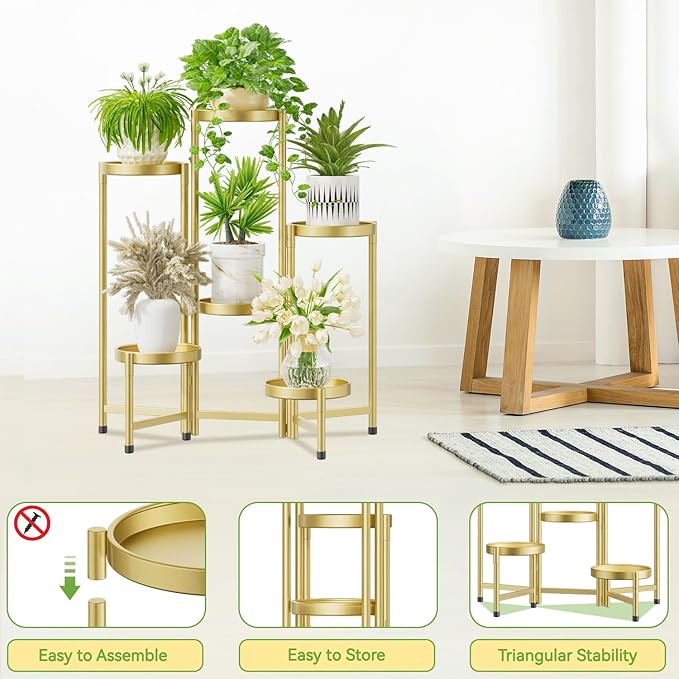 iDavosic.ly Plant Stand Indoor Outdoor, 6 Tier Corner Metal Flower Display Holder Shelf, Folding Tall Orchid Rack for Patio Balcony Porch Garden Living Room House, Gold
