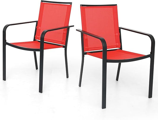 Patio Dining Chairs Set of 2 with Textilene mesh Fabric, Outdoor Space Saving Lawn Chairs for Porch Garden Backyard Poolside Sling Chairs,Red