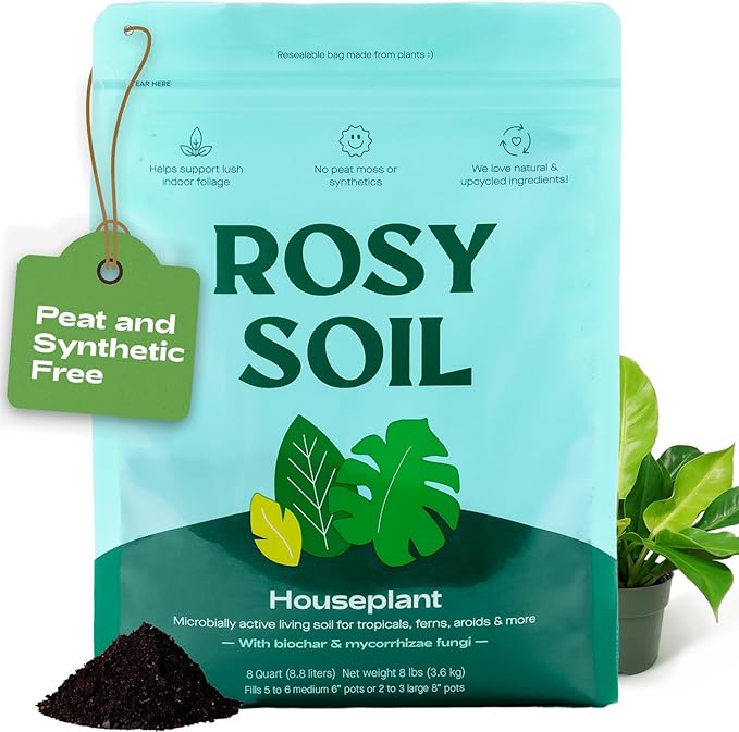 Rosy Soil Indoor Potting Soil for House Plants - Organic Potting Soil Mix for Indoor Plants - Enriched w/Root-Boosting Biochar for Foliage Plants, Flowers, Herbs - Peat Free, Less Prone to Gnats - 8qt