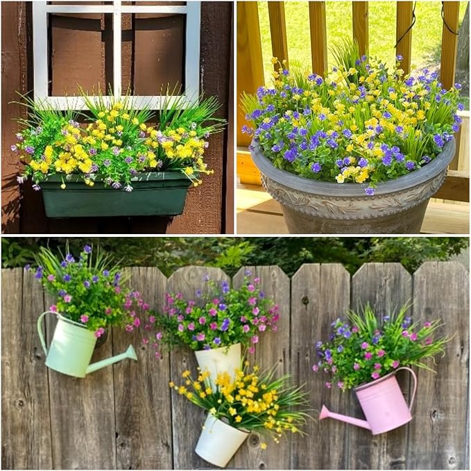 Ivydale Artificial Flowers Plants for Outdoors Decoration, 10 Bundles Fake Plastic Colorful Flowers with Ferns UV Resistant Faux Greenery Bushes Shrubs for Home Porch Patio Garden